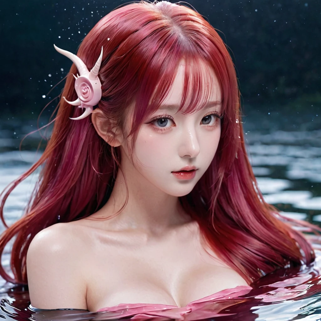 (abyss) 1girl bangs bare shoulders breasts cleavage cleavage cutout closed eyes crescent crescent facial mark double bun dress facial mark facing viewer forehead mark horns long hair medium breasts parted bangs partially submerged pink hair red hair solo very long hair wading water