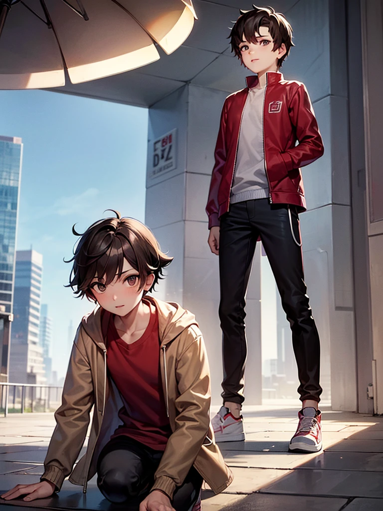 A boy, slightly dark brown hair, skin fair, lightbrown eyes, light gray jacket, Red shirt, black pants, Red sneakers, looking at the camera, Setting of a futuristic city