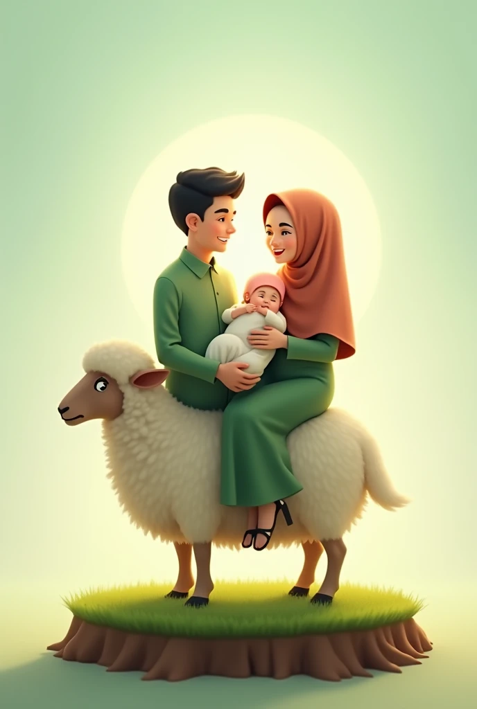 Parents with baby wearing Muslim clothes.they are riding sheep. With an aqiqah nuance. Shades of green. Background transparan. The sheep is standing on a circle of grass and there is soil underneath it.. Indonesian race