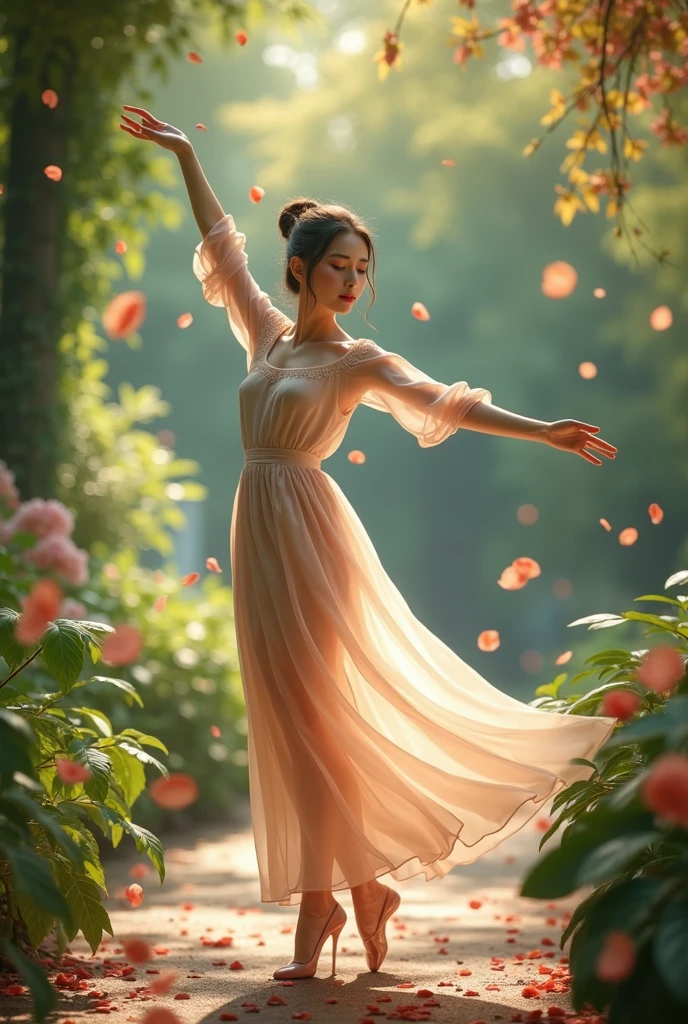 A beautiful young girl dancing gracefully in a garden, long flowing dress, tender expression, ballet pose, petals falling around her, sunlight filtering through trees, lush foliage, serene atmosphere, (best quality,4k,8k,highres,masterpiece:1.2),ultra-detailed,(realistic,photorealistic,photo-realistic:1.37),detailed face and eyes, porcelain skin, long eyelashes, natural lighting, vibrant colors, intricate details, elegant, cinematic composition
