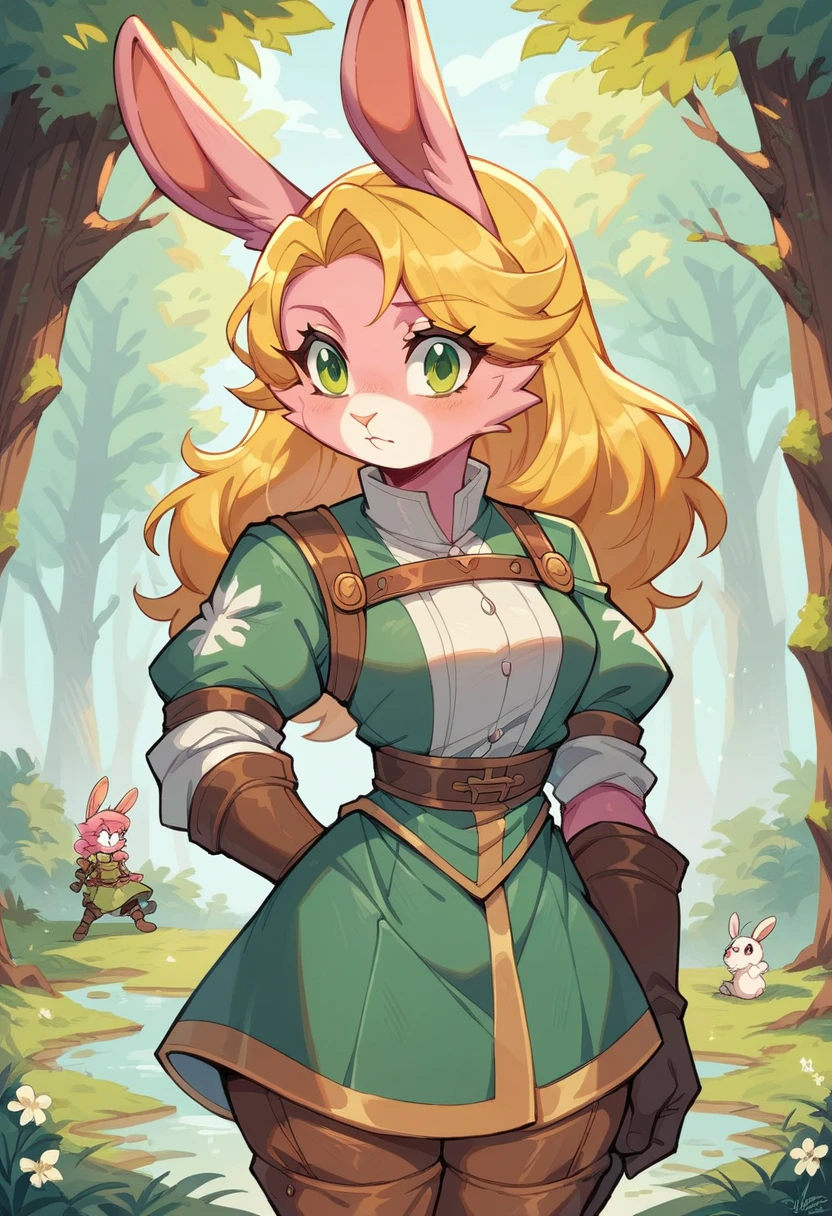 Lyca (AFK Arena), female rabbit, yellow hair, character, one girl, forest, pink fur, tall, green eyes, ranger archer, pink fur, pink skin, medieval clothing, anthropomorphous, rabbit legs
