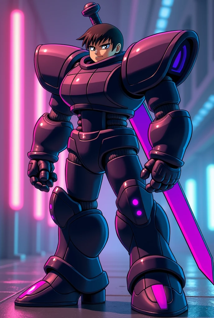 (megaman x), Humanoid robot similar to Zero from Megaman X, Standing taking his sword, With the same armor as Zero from Megaman x6, black hair , Mexican tea, black hair, frown, It has to be fat both in the body and in the face, The armor has to be the same as Zero, but purple with black is based on the anime art of megaman x6 the armor has to be more anime, In addition, the character's hair has to be short., The predominant color of the armor must be black. All in neon colors the character measures 1.73 and weighs 150 kg ARMAURA HAS TO BE BETTER.