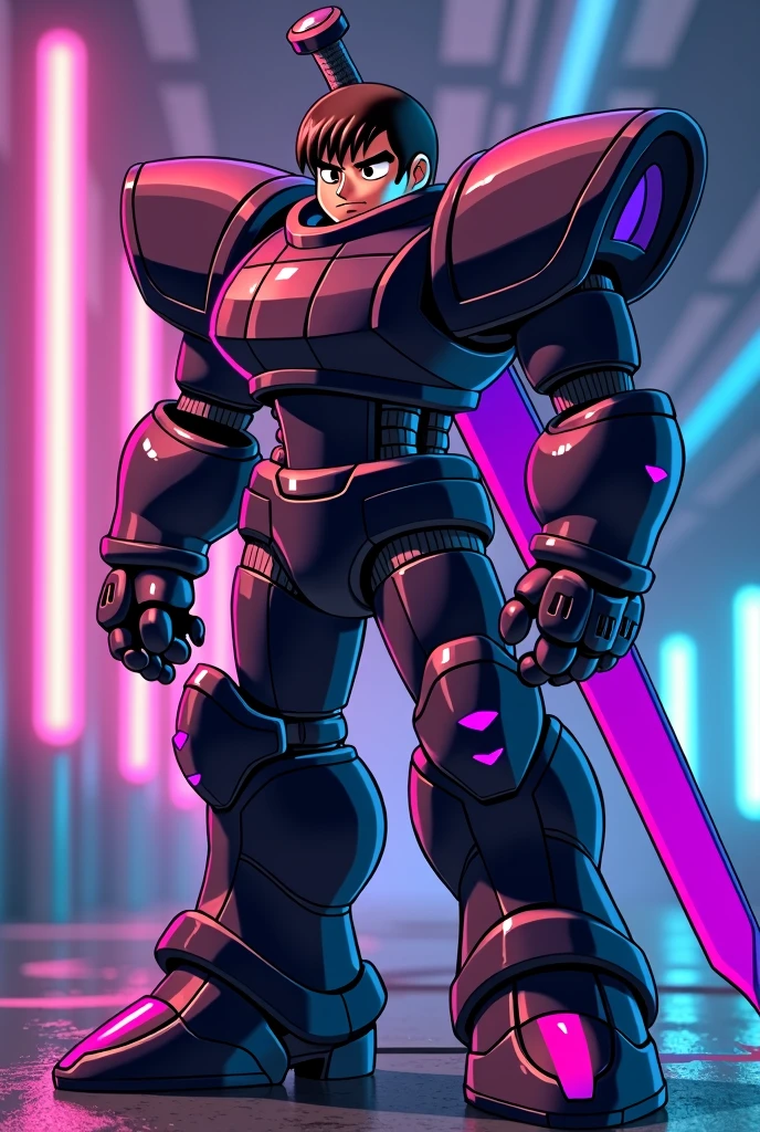 (megaman x), Humanoid robot similar to Zero from Megaman X, Standing taking his sword, With the same armor as Zero from Megaman x6, black hair , Mexican tea, black hair, frown, It has to be fat both in the body and in the face, The armor has to be the same as Zero, but purple with black is based on the anime art of megaman x6 the armor has to be more anime, In addition, the character&#39;s hair has to be short., The predominant color of the armor must be black. All in neon colors the character measures 1.73 and weighs 150 kg ARMAURA HAS TO BE BETTER. 