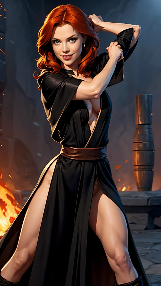Mara Jade from Star Wars, short straight ginger hair, naked, perky breasts, black Jedi robes, Sexy pose, Battle stance, smile
