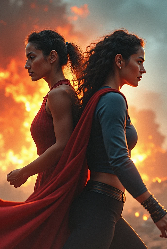 Create the cover of a movie that is two sisters as adults, one with curly hair and a thin ponytail and a little dark, and the other with medium complexion and layered hair and a little dark, and the title is called Las Doñas in Spanish and that both look like they are 50 years old, that it looks like a Marvel-style superhero cover and that it looks like they are defeating the Peruvians.