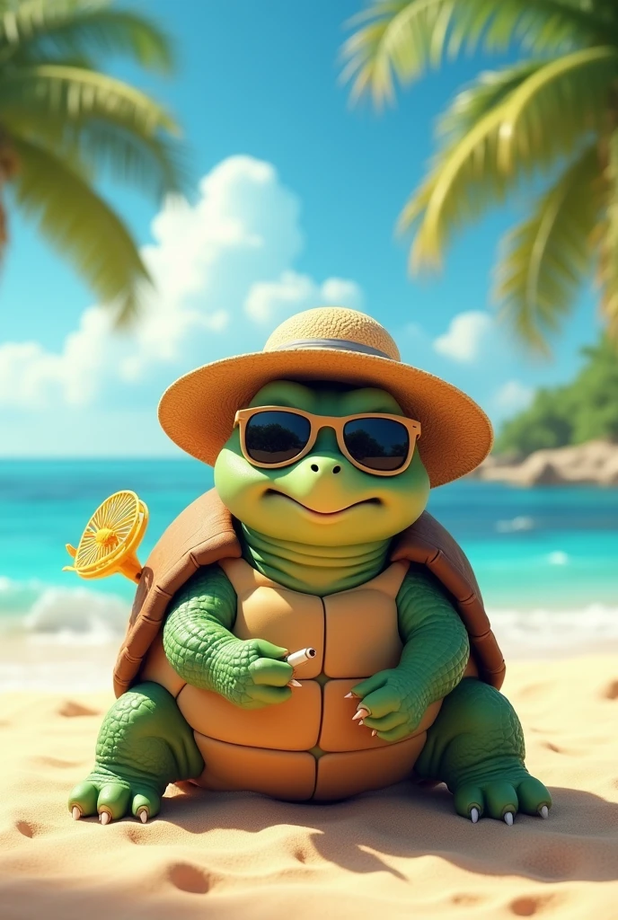 Turtle with beach cap and glasses, using a fan, in the background a beach during the day, smoking a cigarette