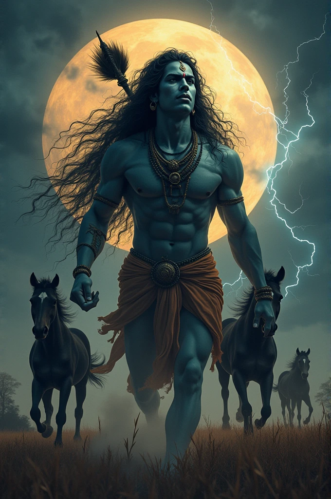 ((best quality)), ((masterpiece)), (detailed), perfect face, god krishna got angry with devil and he is the biggest man in the world, he is middle in the ware, thunderstorm is down on ware land, some horse are running side of him, Moody glow lighting, moon is backward 