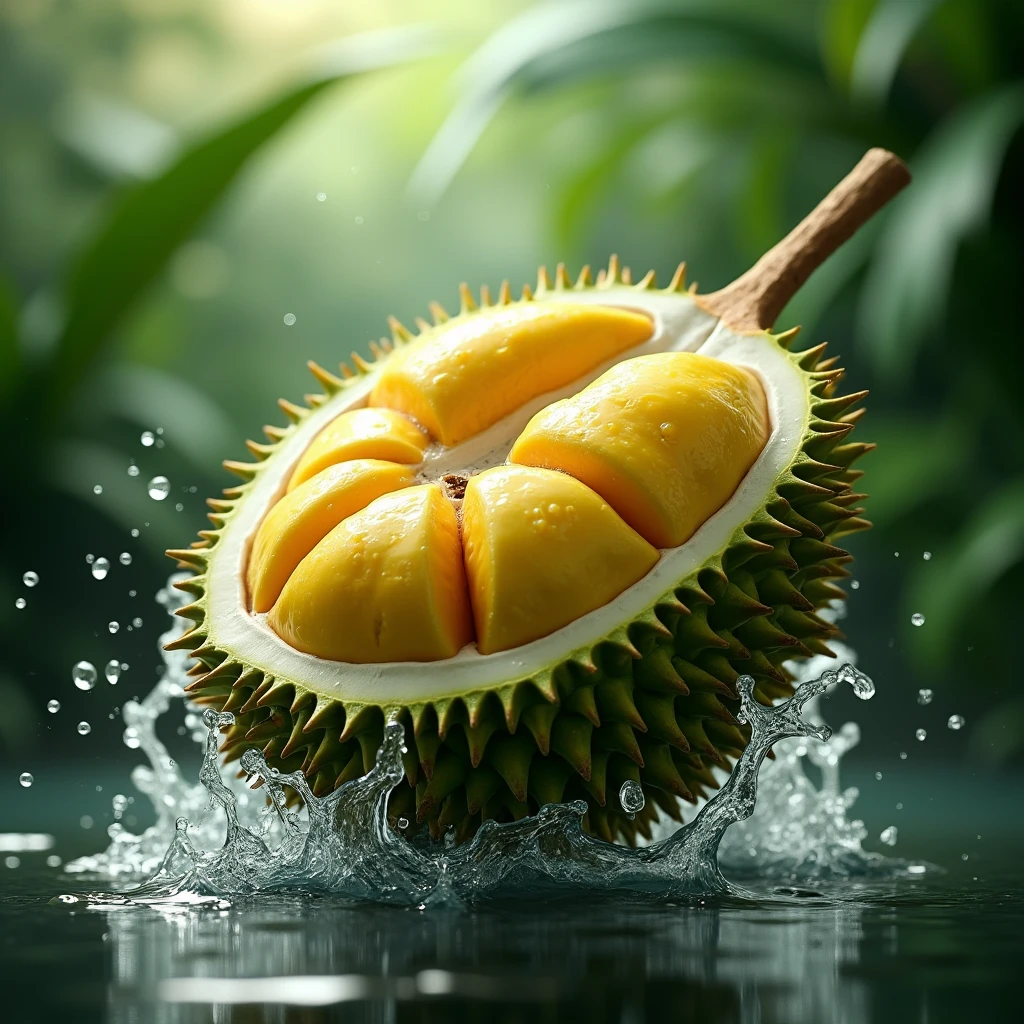 Durian has special characteristics. The bark has sharp thorns and the flesh is light yellow. Surrounded by splashing water
Water droplets rendered in Cinema4D style. The scene was shot using microfocus similar to Marcin Sobas' style.
with contemporary glass
Elements with delicate textures reveal light.
Green and white tones
It looks like a durian tree hanging in a bright area. Create ultra-high resolution images with a sense of movement and dynamic clarity.