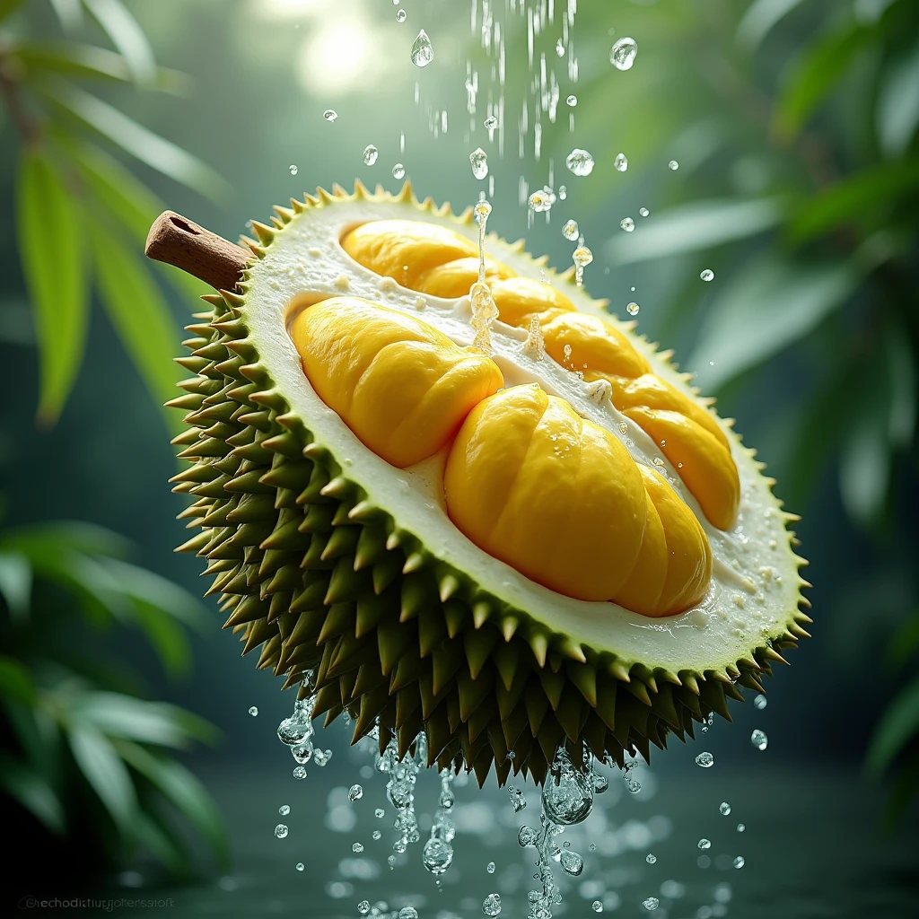 Durian has special characteristics. The bark has sharp thorns and the flesh is light yellow. Surrounded by splashing water
Water droplets rendered in Cinema4D style. The scene was shot using microfocus similar to Marcin Sobas' style.
with contemporary glass
Elements with delicate textures reveal light.
Green and white tones
It looks like a durian tree hanging in a bright area. Create ultra-high resolution images with a sense of movement and dynamic clarity.