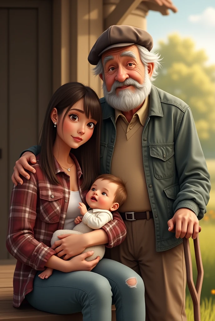 Make a woman with a plaid shirt, bota coutry, straight hair, light brown color, eyes browns, oval eyes, holding a baby on her lap for a month and next to her is the baby's grandfather, A 70-year-old man, beret and crutch, dress pants and a smile, gray hair and dark eyes