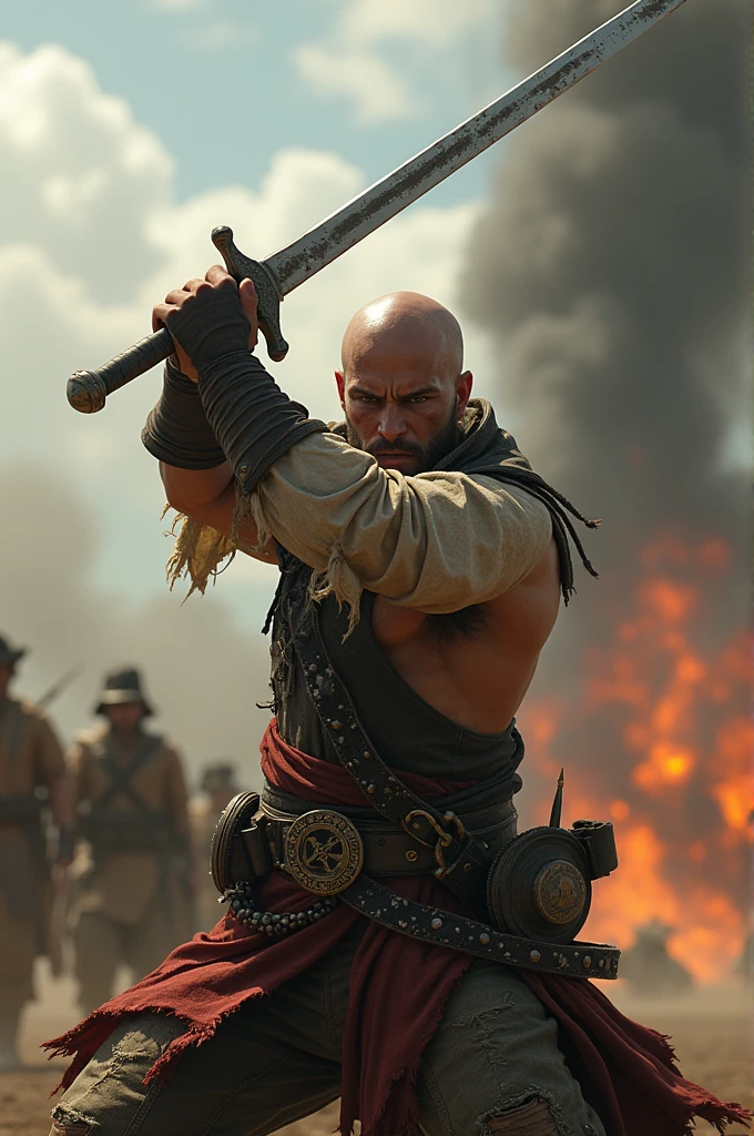 (Ultra quality:1.2), (Ultra detailed:1.2), (Ultra detailed clothes:1.2), (Ultra detailed face:1.2), (Ultra detailed eyes:1.2), (Ultra detailed body:1.2), (Ultra detailed weapons:1.2), young pirate bald guy, torn clothes, , sword fights, battlefield in the background, fire in the background,Facing viewers, Day time