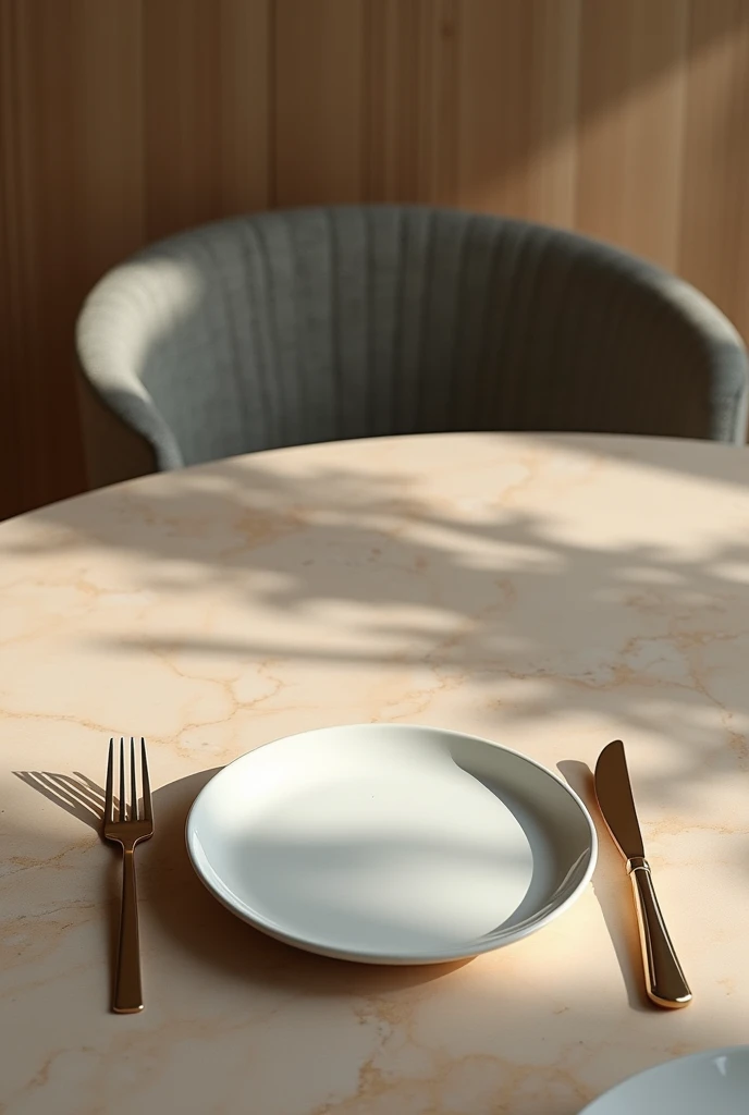 Photo of an empty food plate and cutlery next to it on top of a very beautiful and modern dining table