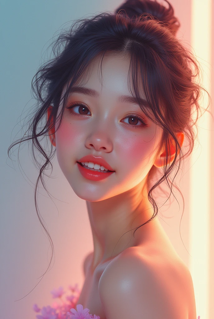 ((masterpiece)), ((Highest quality)),((Crisp body)), (Portrait of a beautiful girl), Eye for perfect detail, Face in perfect detail, Very elaborate nose, Open your mouth, Radom Color Shorts, Perfect Teeth, Exposing shoulders, Charm, Perfect Face, Dimples on cheeks, Depth of written boundary, High resolution, ((Realistic skin texture)), (Well-proportioned hands), Thin lips, Random color hair, Floating multicolored hair, Narrow waist,Flexible legs,Pastel Background