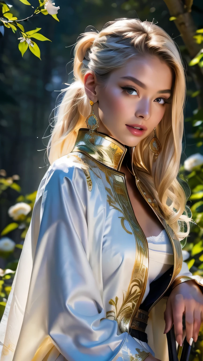 (((masterpiece, Highest quality, High resolution, Attention to detail)))), One, ((Fantasy)))), (A peerless beauty)))), (White short skirt with gold embroidery), (Long blonde ponytail:Dumpling1), (Shiny, dark black eyes), (Green surcoat with gold embroidery), big, (((at night forest)), (Many beautiful flowers are blooming)), Sit in a chair and look here , Particles of light flying、(((Face close-up)))、Face close-up
