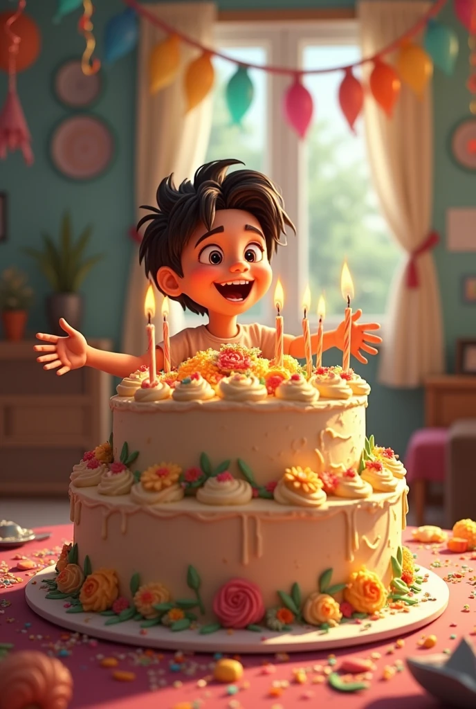 A boy sit in cake with name of nitin and happy birthday to a boy