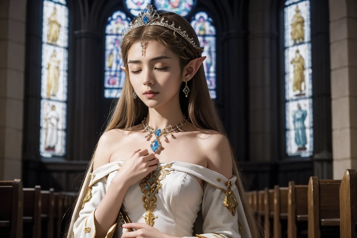 A delicate and detailed portrait of Princess Zelda from "The Legend of Zelda". Focus on her upper body and face. She is dressed mainly in white, with intricate gold embroidery on her collar and bodice forming the Triforce symbol and other ancient patterns. Her long golden hair cascades down her shoulders, framing her face perfectly. A delicate tiara rests gently on her forehead, studded with small sparkling gems that collect the light. Her deep blue eyes. With her eyes closed, her hands clasped in front of her chest, her knees on the floor, in a dark room, the background is barely visible with a strong blur.
The interior of the church is softly lit from the stained glass windows, which reflect the colorful patterns on the stone floor. Princess Zelda's face exudes a sense of genuine relief and calm, with her eyes closed or looking up in gratitude. She has her hands pressed against her chest or gently clutching a relic or symbol. The peaceful and calm atmosphere of the church is a stark contrast to her previous tense state.