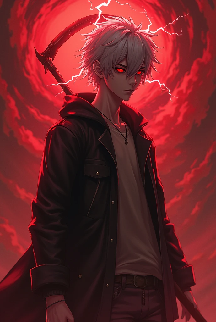 Strong boy, 20 years old, tough face, cold expression, cold red eyes, slightly long white hair, slightly messy hair, sharp look, scary look, stiff face, normal clothes, sneakers, wide pants, loose shirt, surrounded by lightning, eyes burning with lightning, eyes surrounded by lightning, scary red aura, Demon Slayer character, red fog surrounding him in the shape of a monster holding a huge scythe