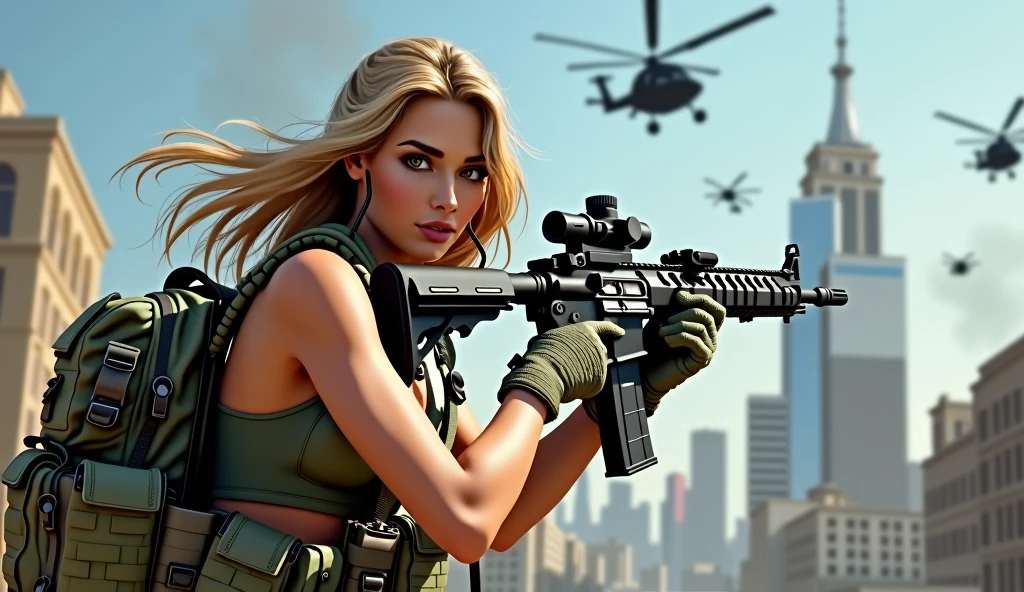 Realistic、Photorealistic、Realistic skin texture、Photo quality、high resolution、High definition、Beautiful arabian girl、The upper body is wearing a camouflage bra top.、Youthful Looking Face、Buildings in Manhattan、Very beautiful 1 female soldier、Carrying a military backpack、Wearing a bulletproof vest、Aiming an M4 automatic rifle、Shooting a realistic sniper rifle、Blond medium-long hair fluttering in the wind、Wearing a walkie-talkie headset、Young face、Three military helicopters are flying in the sky.、The background is a skyscraper district、Smoky battlefield、The background is blue sky、The person is a full-body angle、Watching the audience、facing towards the cameraman