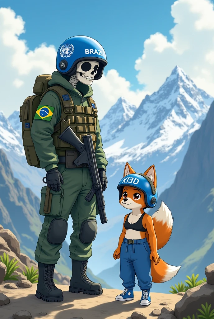 Brazilian skeleton soldier with UN helmet, with the company of a furry fox in a bra and sweatpants with a UN helmet on a peace mission in the Himalayas in a cute sensual anime drawing.