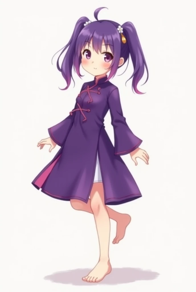 1 girl、solo、Blushing、Staring at the audience、smile、Twin tails、Simple Background、dress、Long sleeve、have、Mouth closed、Are standing、Purple Hair、whole body、shoes、barefoot、Chinese clothes、Raising his leg、Standing on one leg、チャイナdress、紫のdress、青いshoes、White shorts、紫のshoes、shoes下なし、Flat shoes