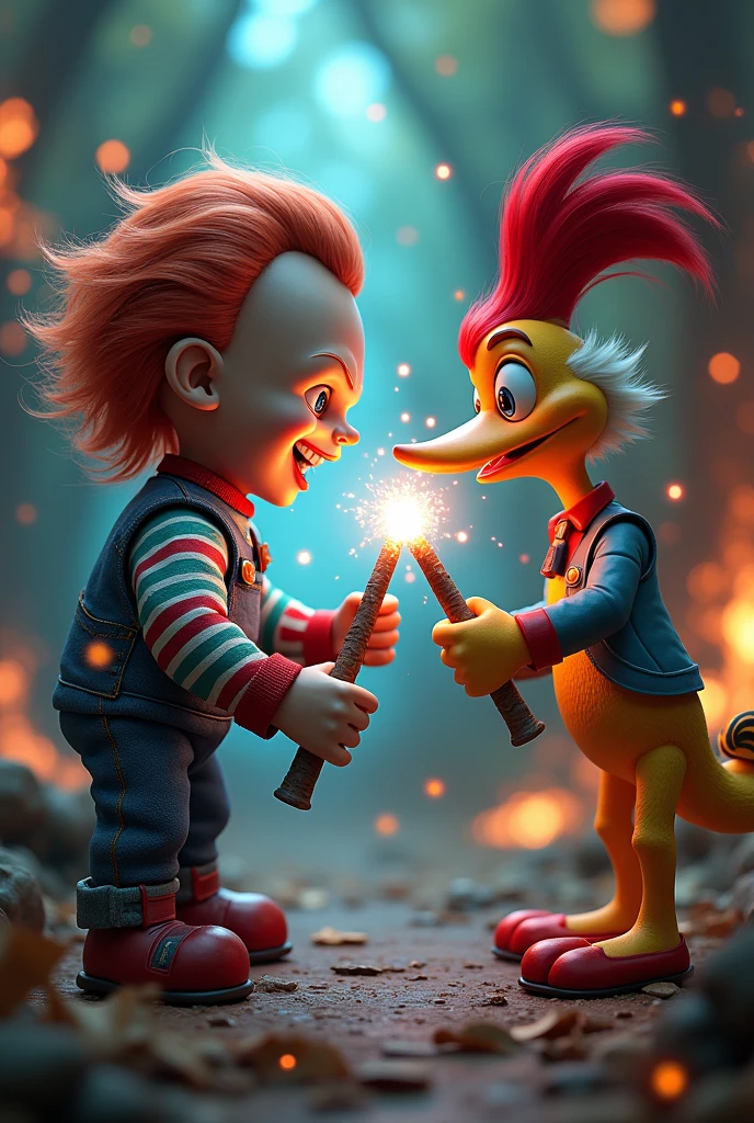 Chuck the Killer Doll and Woody Woodpecker battling with magic wands