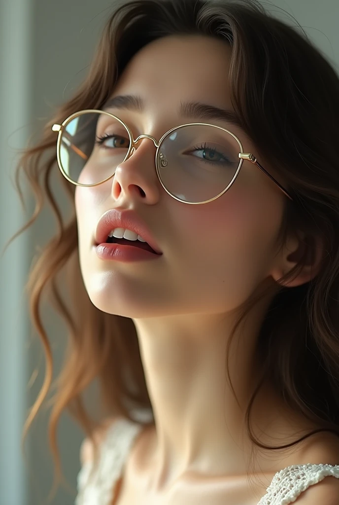 woman with glasses, long hair fair skin singing
