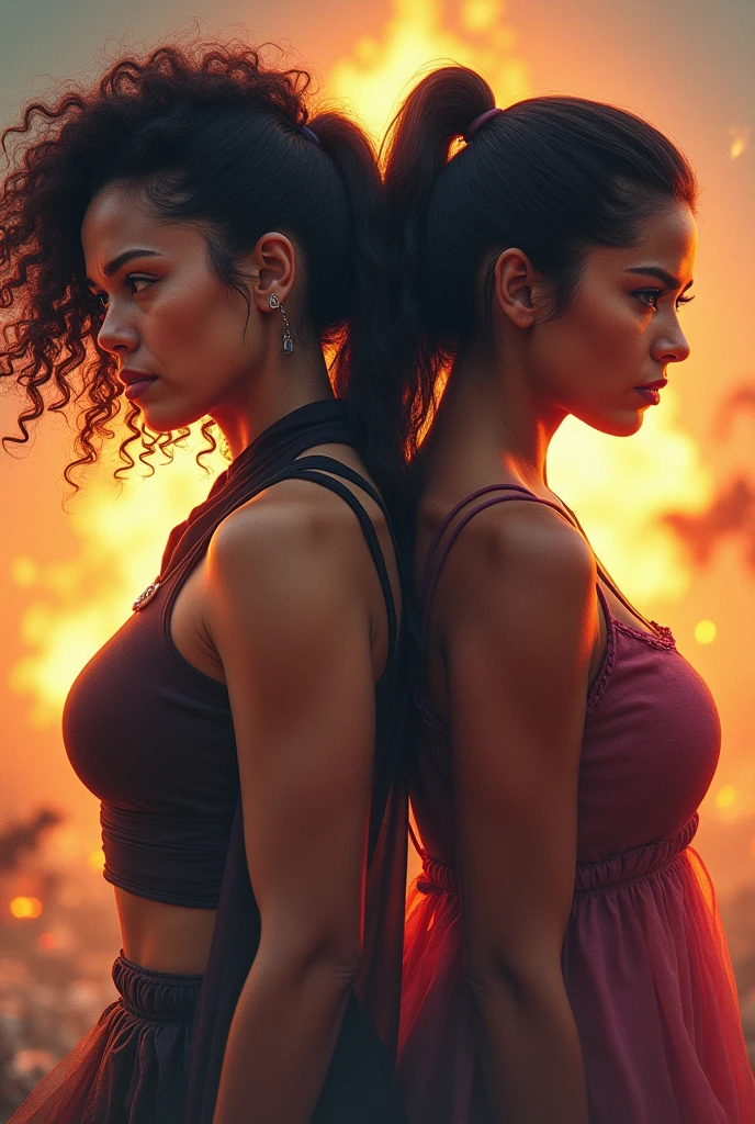 Create the cover of a movie that is two sisters as adults, one with curly hair and a thin ponytail and a little dark, and the other with medium complexion and layered hair and a little dark, and the title is called Las Doñas in Spanish and that both look like they are 50 years old, that it looks like a Marvel-style superhero cover and that it looks like they are defeating the Peruvians.