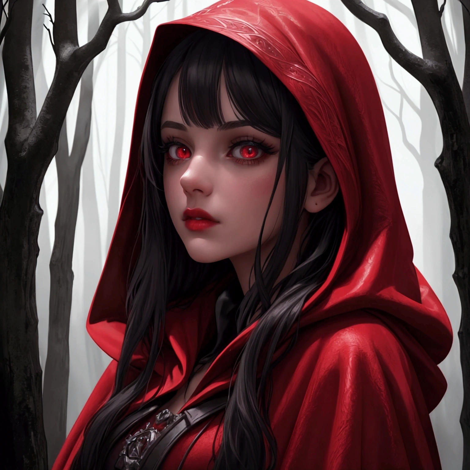 A girl in a red hooded cloak, beautiful detailed eyes, beautiful detailed lips, extremely detailed face and portrait, long eyelashes, cinematic lighting, cinematic composition, dramatic lighting, moody atmosphere, fantasy, mystical, dark forest background, warm color palette, photorealistic, 4k, best quality, masterpiece, ultra-detailed, realistic