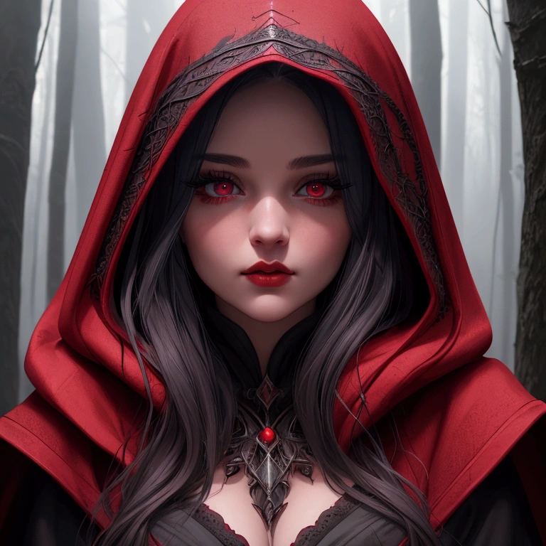 A girl in a red hooded cloak, beautiful detailed eyes, beautiful detailed lips, extremely detailed face and portrait, long eyelashes, cinematic lighting, cinematic composition, dramatic lighting, moody atmosphere, fantasy, mystical, dark forest background, warm color palette, photorealistic, 4k, best quality, masterpiece, ultra-detailed, realistic