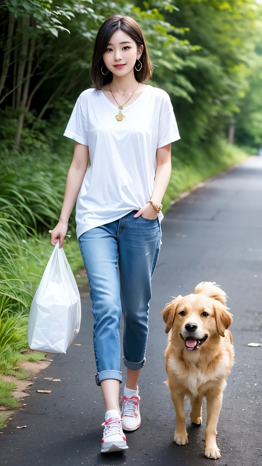 (((Perfect Anatomy))),Shiho, a beautiful 20-year-old idol, walks with a smart-looking golden retriever along the bank of a clear stream surrounded by beautiful fresh greenery.,A 20-year-old idol who looks good in necklaces and earrings,Pair a V-neck T-shirt with loose linen baggy checked pants and sneakers.,(((It&#39;s cute to see them happily walking with their dog))),(Aerial shot of her and her dog),Best 8K image quality,Professional perspective,Great details,Ultra-high resolution,Realistic:1.4),Attention to detail,Nice body with well-toned, perky hips,Amazing beauty condensed into one girl,Beautiful brown hair braided,A delicate, high nose and glossy lips,Beautiful Face,Model-like long limbs and a slim waist,The short hem shows off her beautifully toned ankles, which are accented by her white sneakers.,