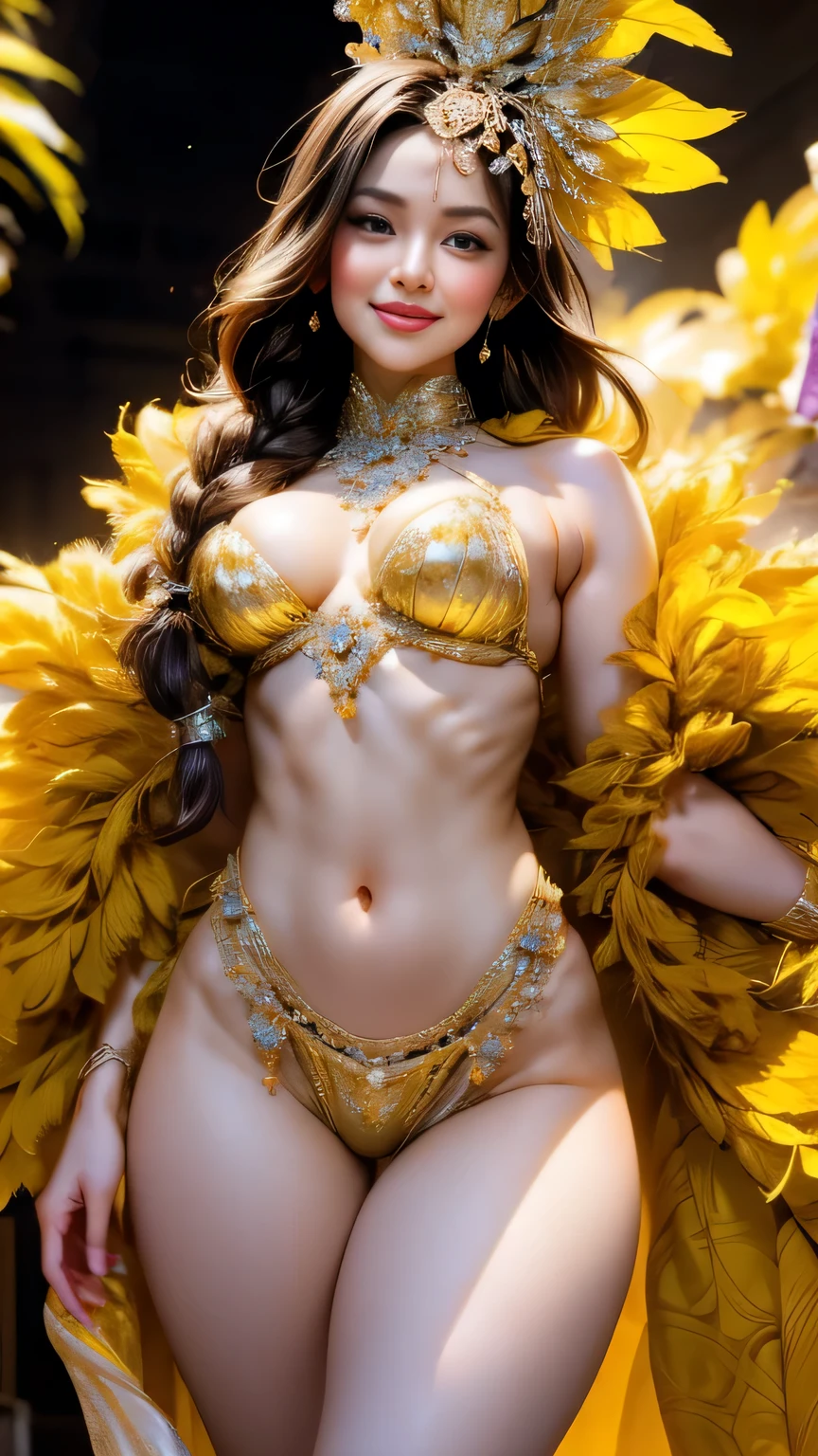 The vibrant 8K resolution image captures the 20-year-old Asian beauty mid-dance, her skin glowing under the vibrant Brazilian samba carnival lights. Her detailed face, with sparkling eyes and a lovely smile, is depicted in a thigh-high shot, with a blurred background highlighting her dynamic pose. She is wearing a flamboyant samba dance headdress and outfit. She is wearing a flashy, colorful outfit that accentuates her ample breasts, her beautifully braided trendy hair, and her sensual gaze that exudes seductive and sexy energy. This samba dancer's body is a masterpiece of proportion, from her slim waist to her wide, shapely hips, with her thigh gap and sexy thighs adding to her allure. As she changes poses, her golden-ratio face glows with golden light, highlighting her perfect features. The result is a visually stunning and seductive image, a true masterpiece of beauty and sensuality. Her beautiful face and beautiful hourglass figure are clearly visible in the lighting.