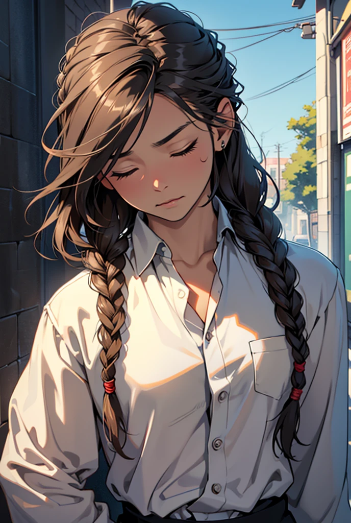 masculine, Alone, High resolution, short hair, Brown hair, Closed mouth, closed eyes, Chapped lips, masterpiece, necessary, The best quality, detail, HD Model, details altos, quality, high quality, Very detailed, UHD, textured skin, braid, Hair in front of the ears, ombre hair, wavy hair, wavy hair, braid de un lado, Closed mouth, closed eyes, Sleepy, sad, Covering the eyes, Unconscious, lonely, shading, empty eyes, expressionless, from one side, symmetry, sale, scar on the eye, Reflection light, cheered up, Digital art, Color Ghibli, hyperdetailed, Icon style, Arte Mosaico, Renaissance, Soft lighting, Slender body with defined muscles, Unbuttoned and open shirt, Black sweatpants.