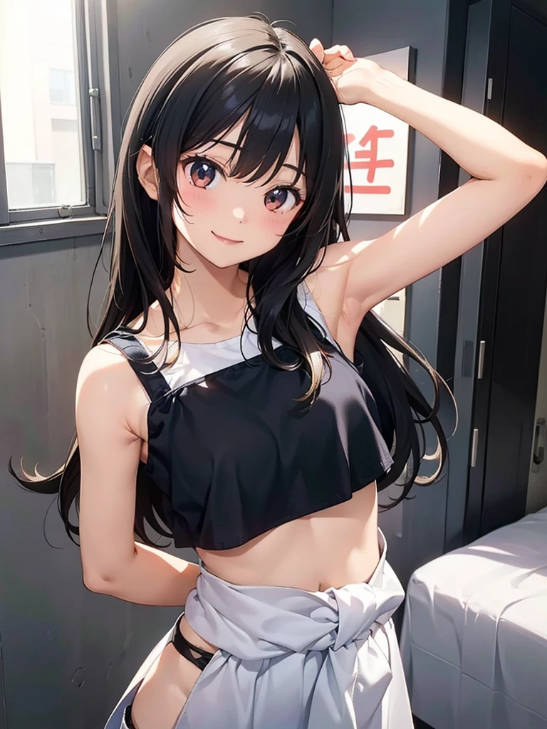 Girl, cute, adorable, smiling, straight hair, long hair, black hair, standing, (right arm up behind:1.2), (shows armpit:1.2), (left　arm Lower waist:1.2), Swayback stance, looking at the camera, From the front, from thighs to head, my room, daylight, bra top