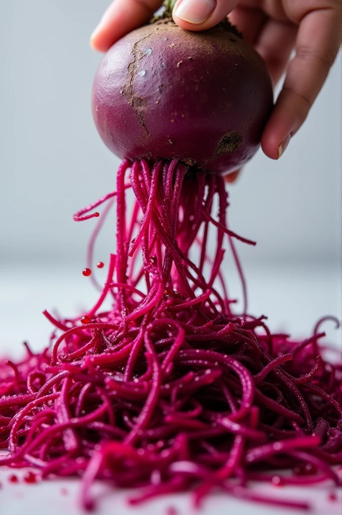 A finely grated purple beet being squeezed to separate the liquid from the solid 