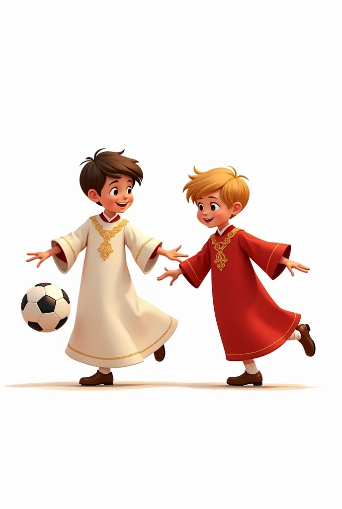 two altar boys in red tunics and surplices with sleeves, long white lace cassock, playing football, White background, disney type cartoon