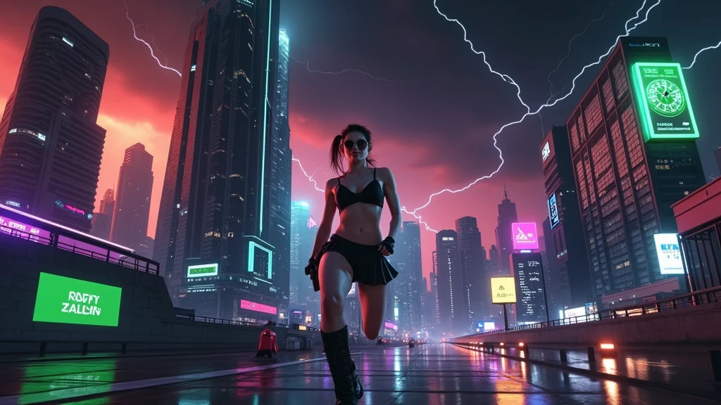 (Wide angle aerial view). At night, simple outlined cyberpunk city, flying cars, all-glass buildings, glowing giant clock tower, lightning, line art background. High-resolution OLED GUI interfaces in the building, The windows are filled with transparent data visualization infographics that show it all, very close-up green glowing cascading code. Colors are saturated and vibrant. At night, (1girl, solo, alone), photorealistic, large-breast slim:0.6 body, oval:0.5 face, black mini bra, cleavage:1.1, deep-v, very low angle view of black pleated miniskirt, white panty, (upskirt), glove, (Matrix style black micro sunglasses), (aiming viewer with a short gun), dynamic running pose, (half-body thigh level close-up shot), cinematic lighting, ray tracing, motion blur background.