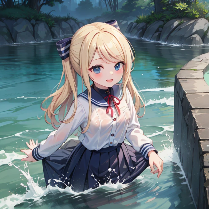 (8k, Highest quality, masterpiece: 1.2),Ultra-high resolution, 1 person, cute, solo,Highly detailed face, JK, uniform, blouse, ribbon, Box Skirt, navy blue, Slightly longer, Blonde, Blue Eyes, Ocean, Wavy, Soaking wet, splash, Water splashing, Water Play, Flooding, like, The best smile, Date, Excited