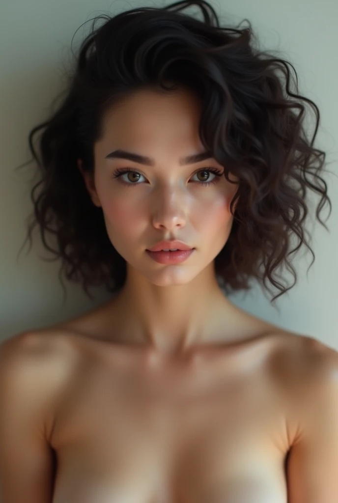 (photorealism:1.2), dark curly hair, fair skin, oval face shape, straight nose, focused gaze, well-defined arched eyebrows, average thickness lips, defined jawline and cheekbones, woman, naked