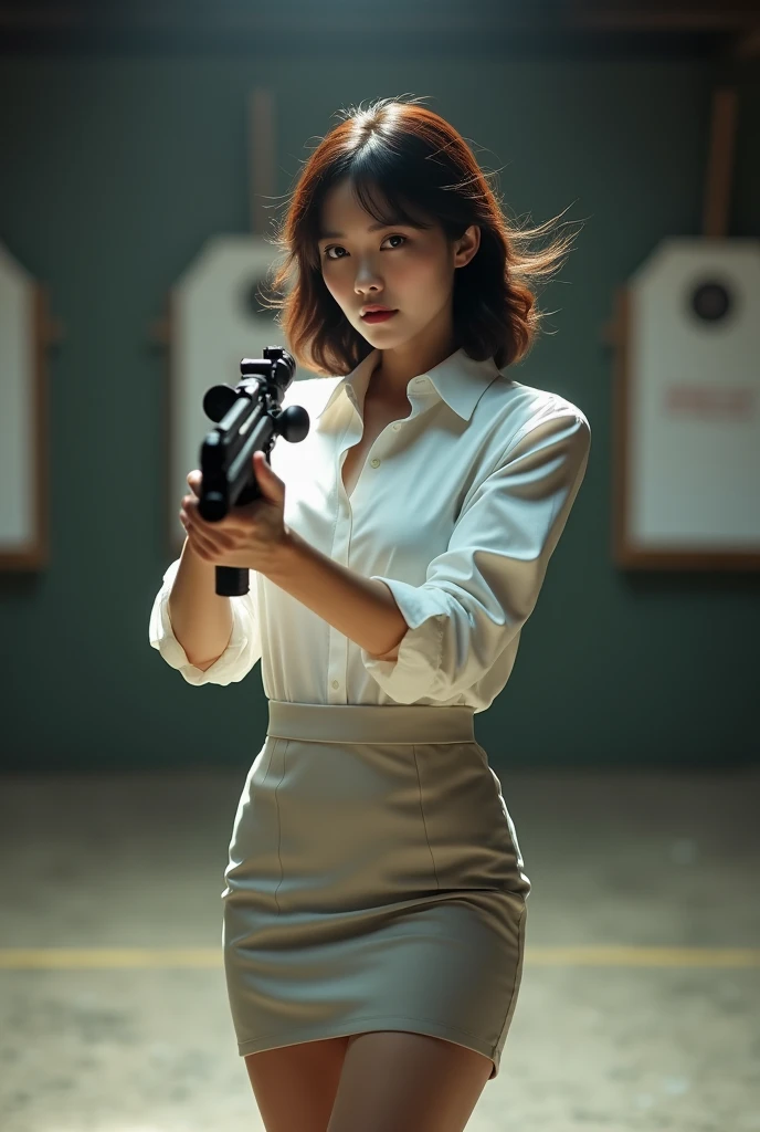camera back view facing real person realistic beautiful korean office lady in white shirt and mini skirt standing stance legs open spreading arms straighten full portrait holding rifle gun back view facing hip low waist shooting range sexy legs aiming target