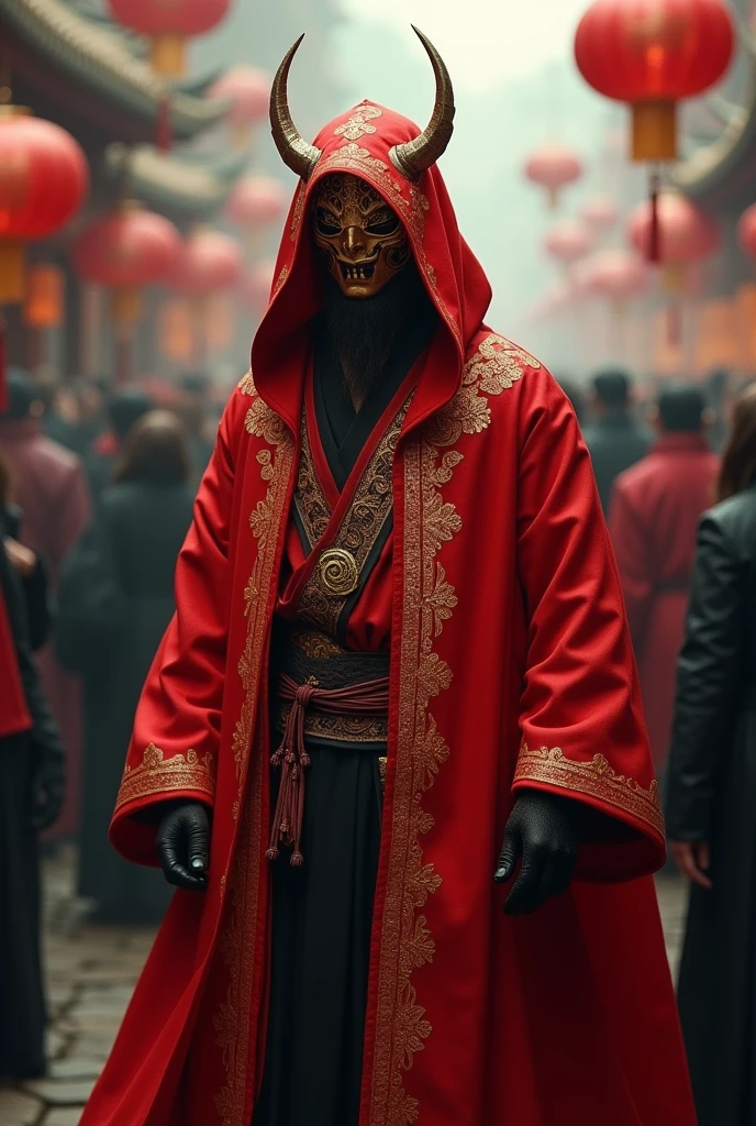 A mysterious male figure wearing a red cloak with gold details and a mask from Chinese mythology covering his face stands in the middle of a crowd.