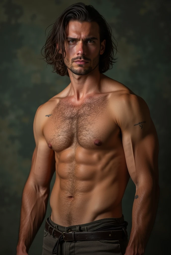 ukrainian man shirtless with shoulder length brunette hair, posing