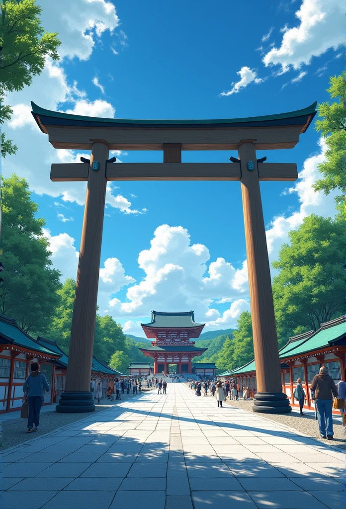Scenery of a shrine with a traditional Japanese torii gate。Clear blue skyの下、Gravel areaに大きな鳥居が立っており、その奥にはShrine Buildingsが見える。Lush green trees all around々There are buildings、people々The footage also shows people passing by.。
More specific prompts:
composition: Taken with a wide-angle lens、A photo of the shrine&#39;s main entrance。The torii gate is located in the center.、Emphasizing the sense of depth。
weather: Clear blue sky。Some white clouds are floating。
time zone: Daytime。太陽光が鳥居やShrine Buildingsを照らしている。
color: Vivid and natural colors。The contrast between the blue sky and green is beautiful。
subject: Large wooden torii gate、Shrine Buildings（Hall of worship, etc.）、Gravel area、Lush trees surrounding々、people々（Worshippers, etc.）。
atmosphere: 静かで厳かなatmosphere。A taste of traditional Japanese culture。
place: Shrines in urban areas。There are modern buildings in the surrounding area.。
