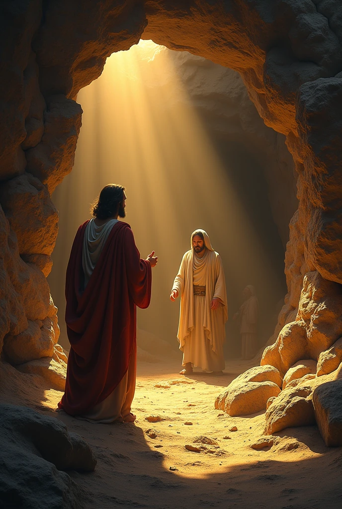 "A powerful and poignant scene of Jesus commanding Lazarus to come out of the tomb. The setting is an ancient, rocky cave, with the entrance partially obscured by a large stone. Jesus stands outside the cave, His face illuminated by a divine light, conveying authority and compassion as He calls out, 'Lazarus, come forth.' Lazarus, wrapped in burial cloths, is visible emerging from the darkness of the cave, his figure slightly obscured by the cloths but clearly moving towards the light. The backg