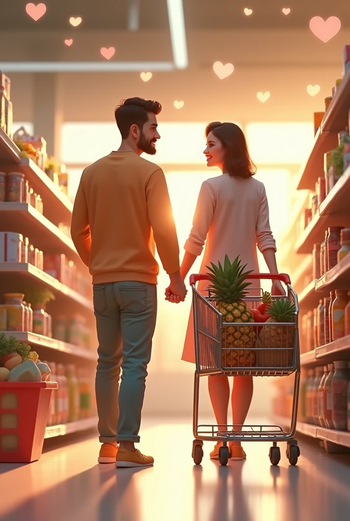 A couple in love pushing a shopping cart in the supermarket with pineapple and other groceries inside and with hearts around it