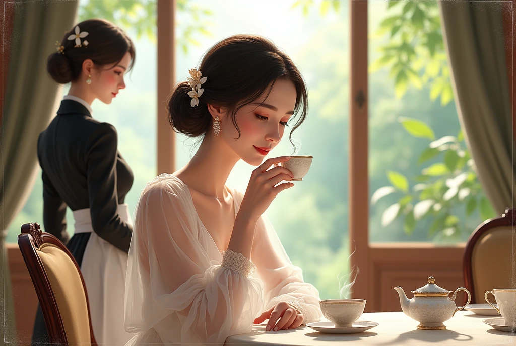 A woman in her 40s enjoying teatime with a high-quality ceramic teacup、A maid dressed in black stands next to her with her back to the camera.、White transparent costume、Window、Beautiful garden view、Luxurious furnishings、Depth of written boundary、Intricate drawing、Realistic