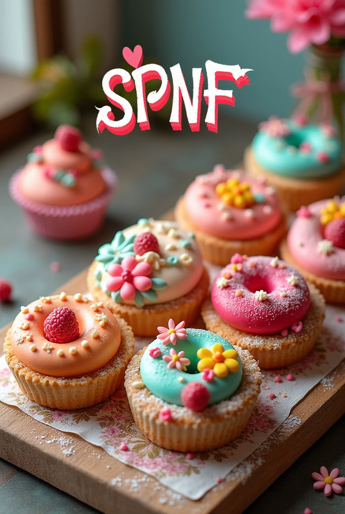 Create a brand with the initials SPNF as for a pastry shop with more colors and aesthetics