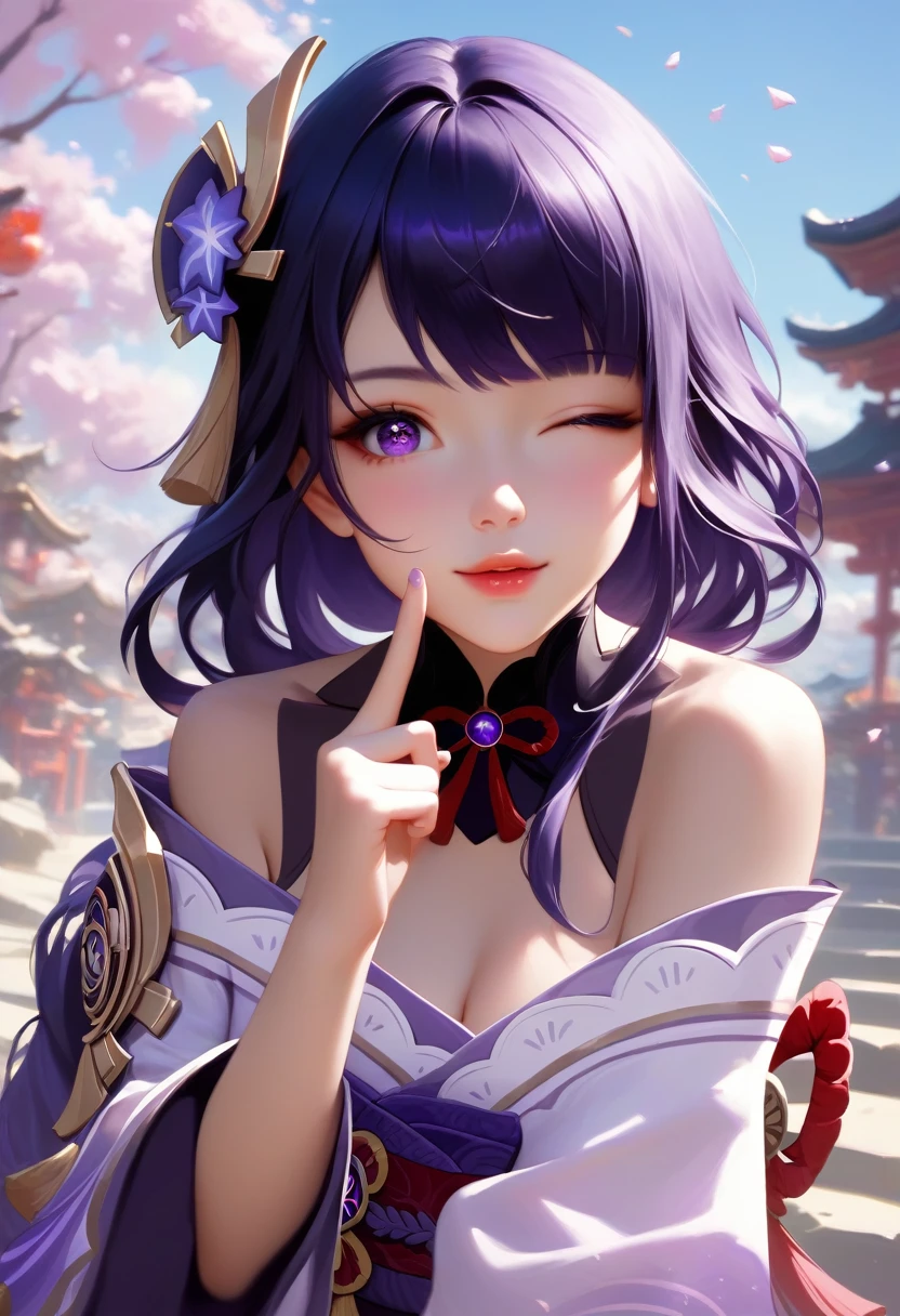 score_9, score_8_superior, score_7_superior,sauce_anime, High-resolution images,masterpiece,Highest quality,girl,Cute Face,Beautiful Skin,_Shogun_Genshin Impact, Purple long hair,One finger raised to his lips,Winking with one eye closed,Slouching
