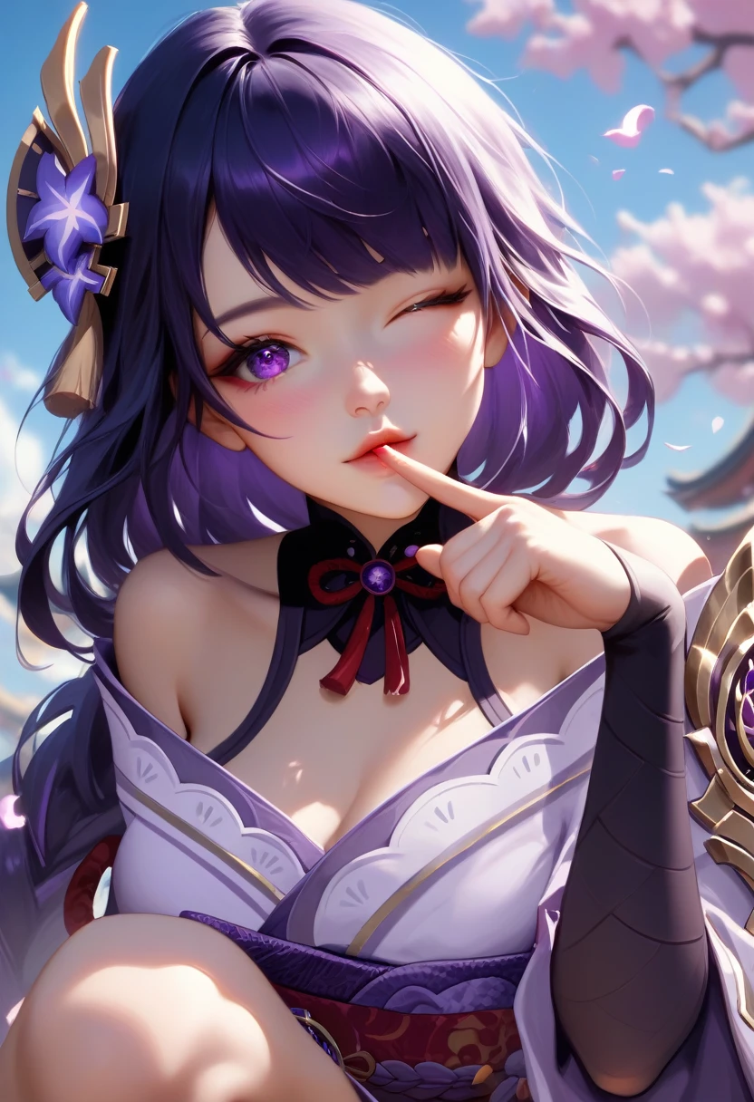 score_9, score_8_superior, score_7_superior,sauce_anime, High-resolution images,masterpiece,Highest quality,girl,Cute Face,Beautiful Skin,_Shogun_Genshin Impact, Purple long hair,One finger raised to his lips,Winking with one eye closed,Slouching