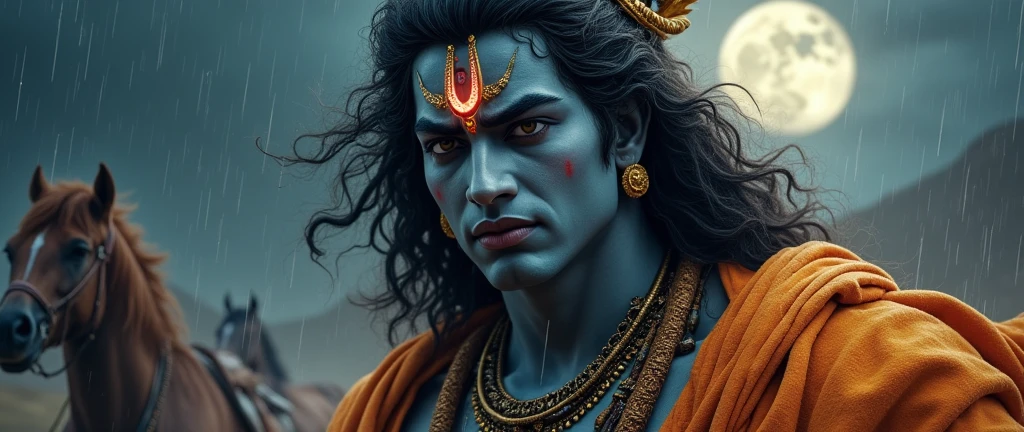 ((best quality)), ((masterpiece)), (detailed), perfect face, god krishna got angry with devil and he is the biggest man in the world, he is middle in the ware, thunderstorm is down on ware land, some horse are running side of him, Moody glow lighting, moon is backward, rains and thunderstorm is down 