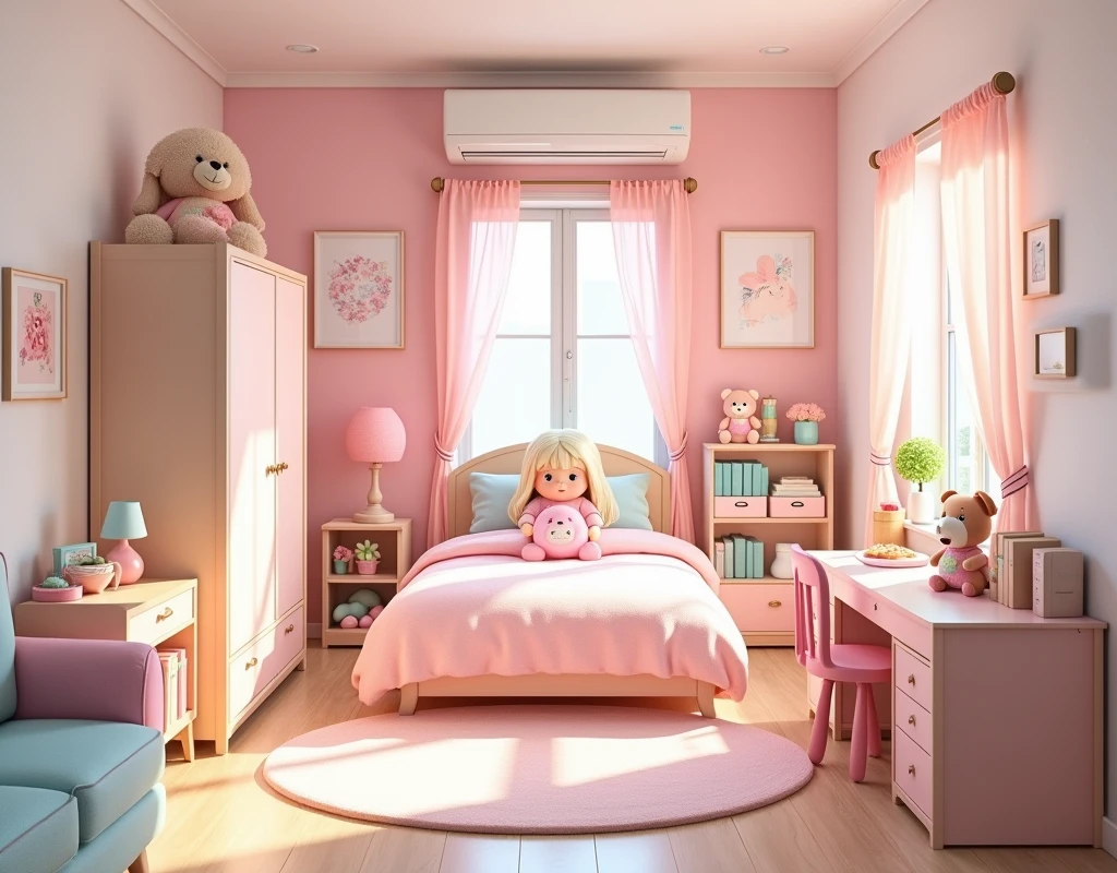 A modern apartment. Daughter bedroom design. There is a bed with some dolls. There is a small cupboard. There is a kid bookshelf. There is a desk. There is a play mat for kids. There are girl's toys. There is an air conditioner. There is a couch. Interior design. Modern cute pastel interior. Great lighting.